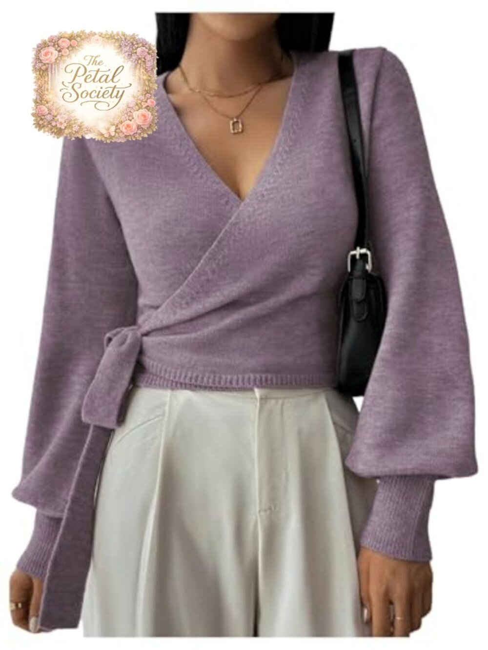 Women's V Neck Cropped Wrap Sweater Bishop Sleeve Slim Fit Knit Top